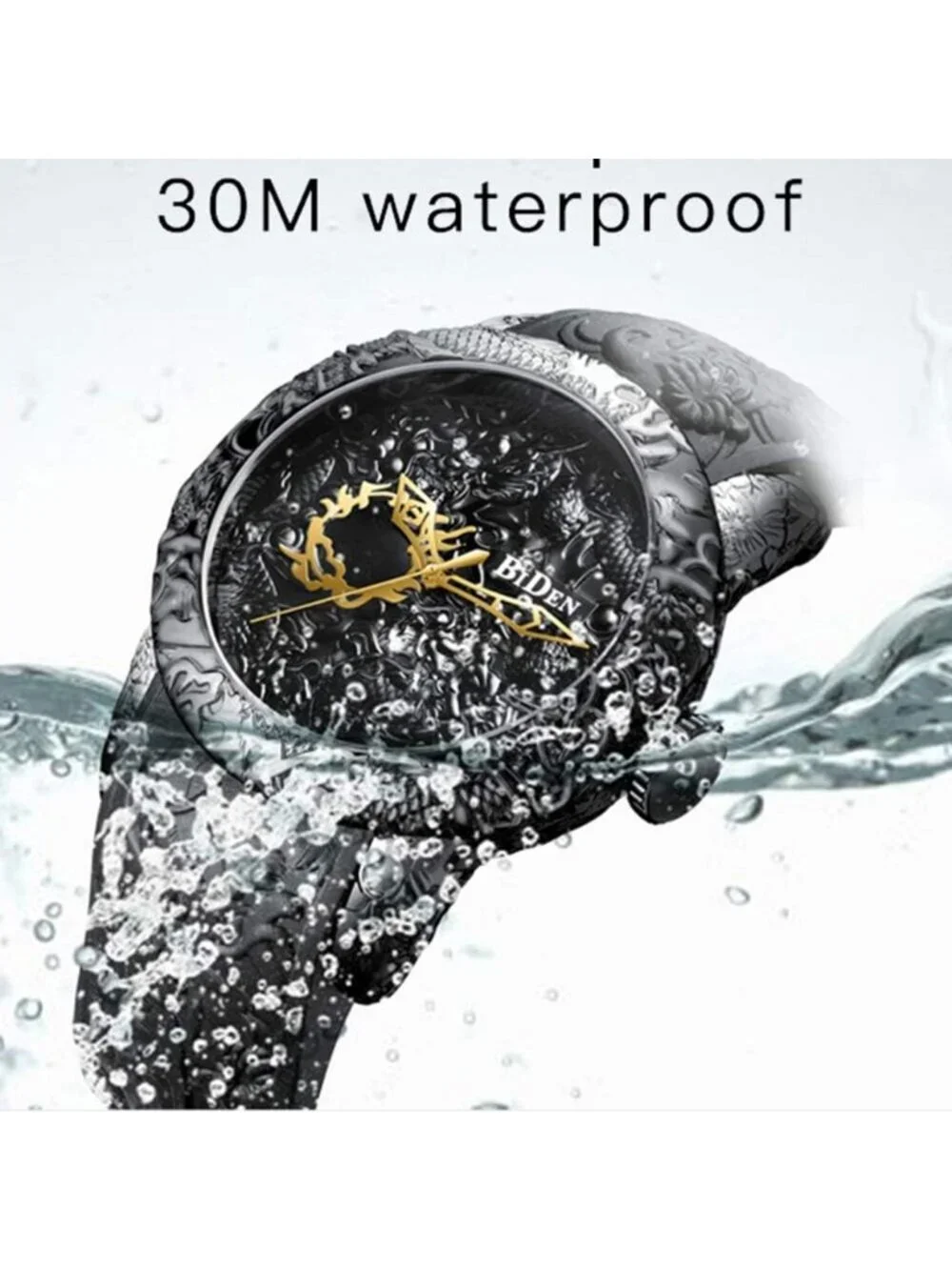 Men's Black Analog Quartz Big Dial 3D Sculpture Dragon Round Luxury Wrist Watch